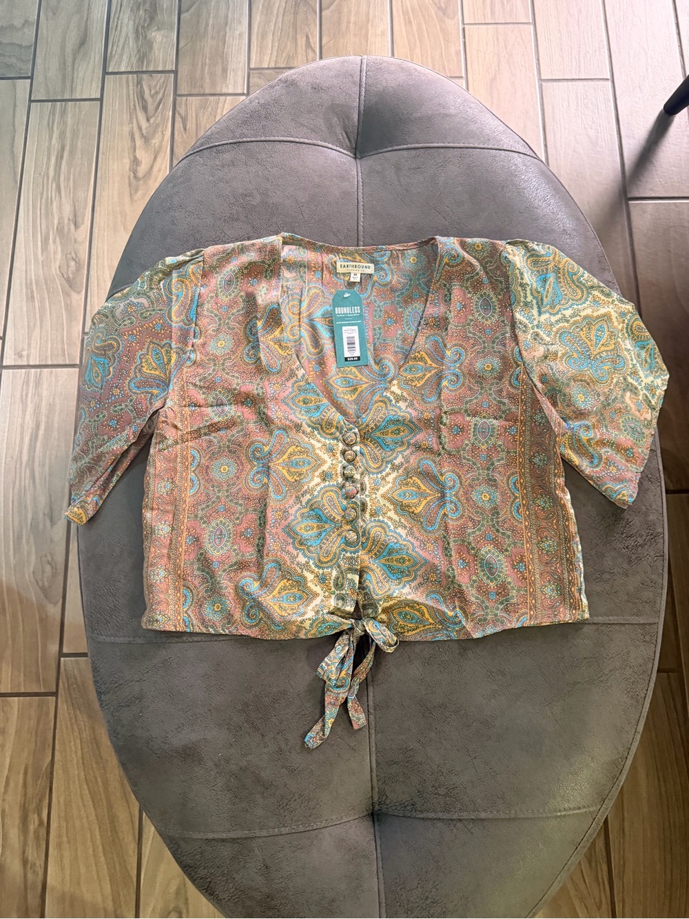 EARTHBOUND Paisley Tie-Front Blouse in Coral, Teal & Gold